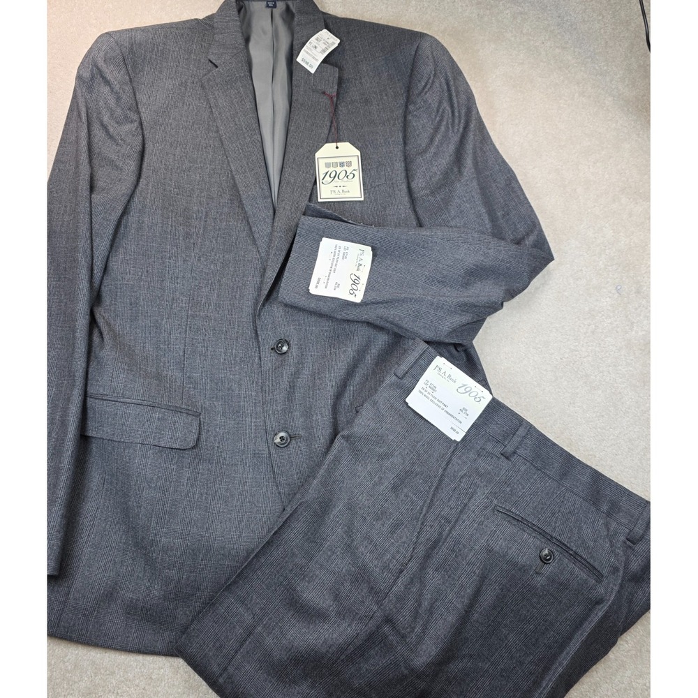 Jos A Bank 1905 Suit Mens 43L 37W Gray Glen Plaid 100% Wool Slim Fit 2 Piece NWT